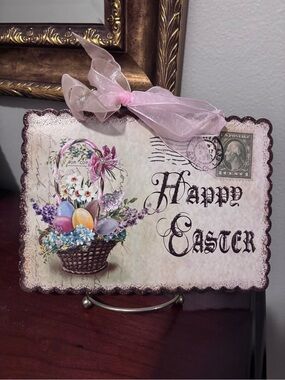Set of two Happy Easter Decorative Signs with Pink Bows.